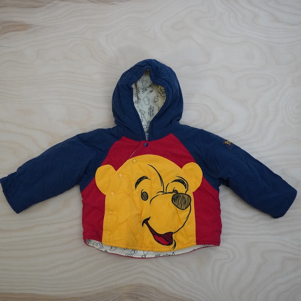 Vtg Disney Store Winnie the Pooh Puffer Jacket Navy Red Yellow 12 Months Infant